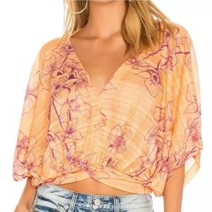 Free People Orange & Purple Floral One Dance Kimono-Sleeve Cropped Top In Small
